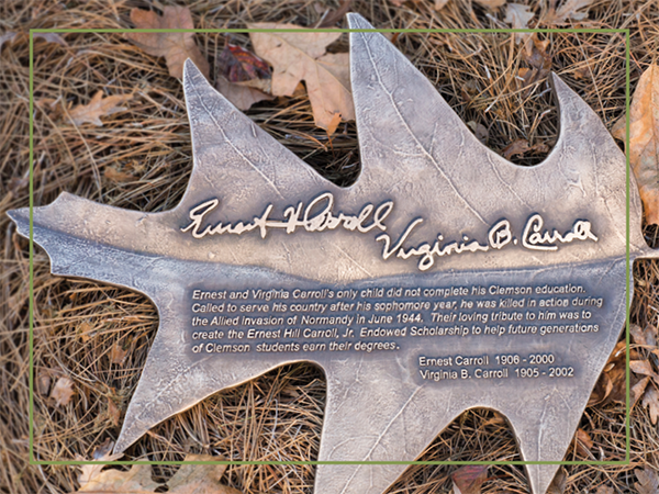 Bronze oak leaf in honor of Ernest H. and Virginia B. Carroll.